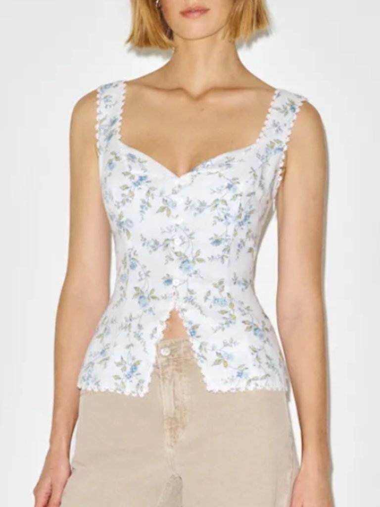 Reformation Viola Linen Top Sz2 Nostalgia Floral White Blue French Causal